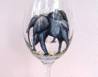 Elephant Pair Wine Glass Hand Painted (Custom Order Only)