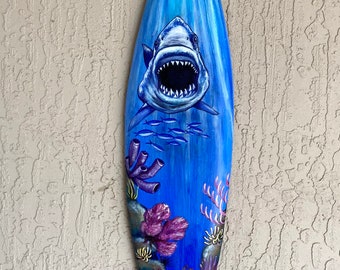 Shark Under the Sea Surfboard Plaque Hand Painted on Reclaimed Wood