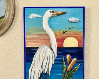 White Egret and Cattails Hand Painted on Reclaimed Wood Plaque Still Life Painting