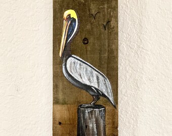 Pelican Hand Painted on Reclaimed Fence Board  Wood Plaque