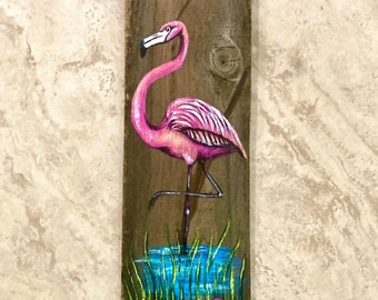 Flamingo Hand Painted on Reclaimed Fence Board Hanging Plaque Pink