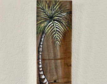 Palm Tree Hand Painted on Reclaimed Fence Board Wood Plaque