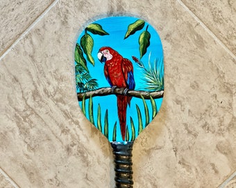 Pickle Ball Paddle With Parrot Hand Painted Wood