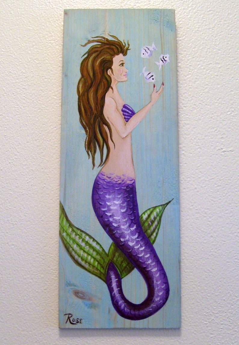 Mermaid and Fish Hand Painted on Reclaimed Wood Driftwood Plaque image 3