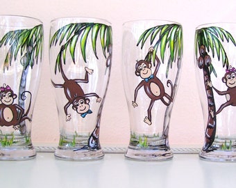 Monkey Palm Tree Pilsner Beer Wine Glass Tropical Hand Painted Glass (Custom Order)