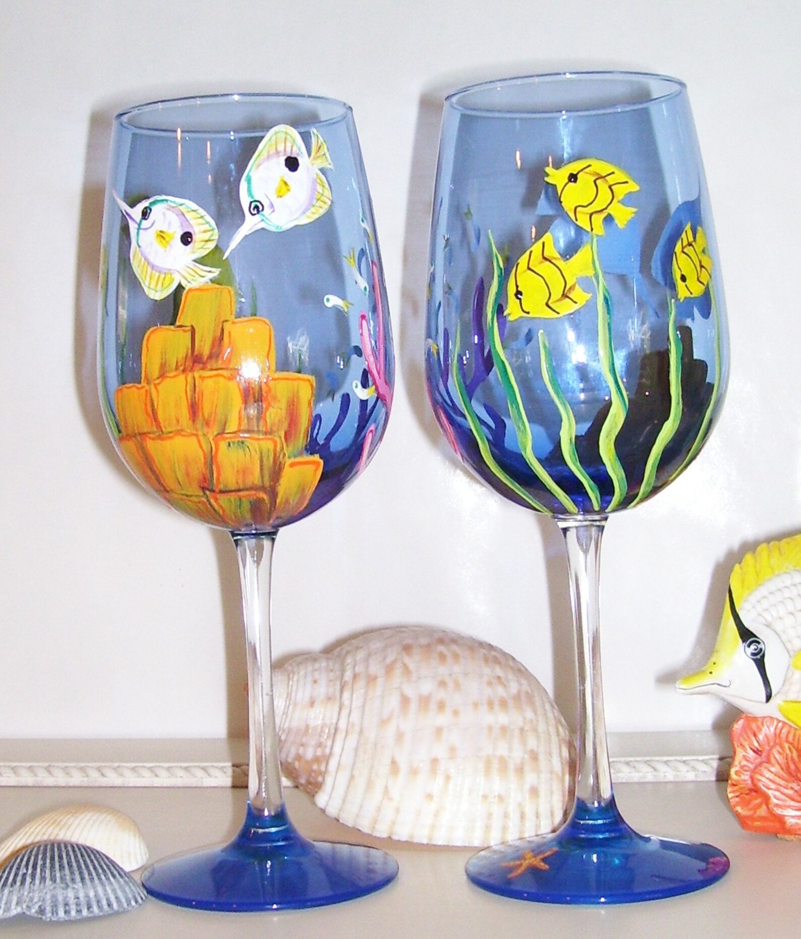 Ocean Tropical Fish Wine Glass Hand Painted Reef Under the Sea Glass ...