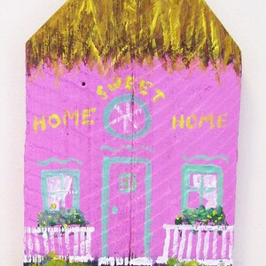 Pink Island House Hand Painted on a Reclaimed Fence Board Wood Plaque image 3