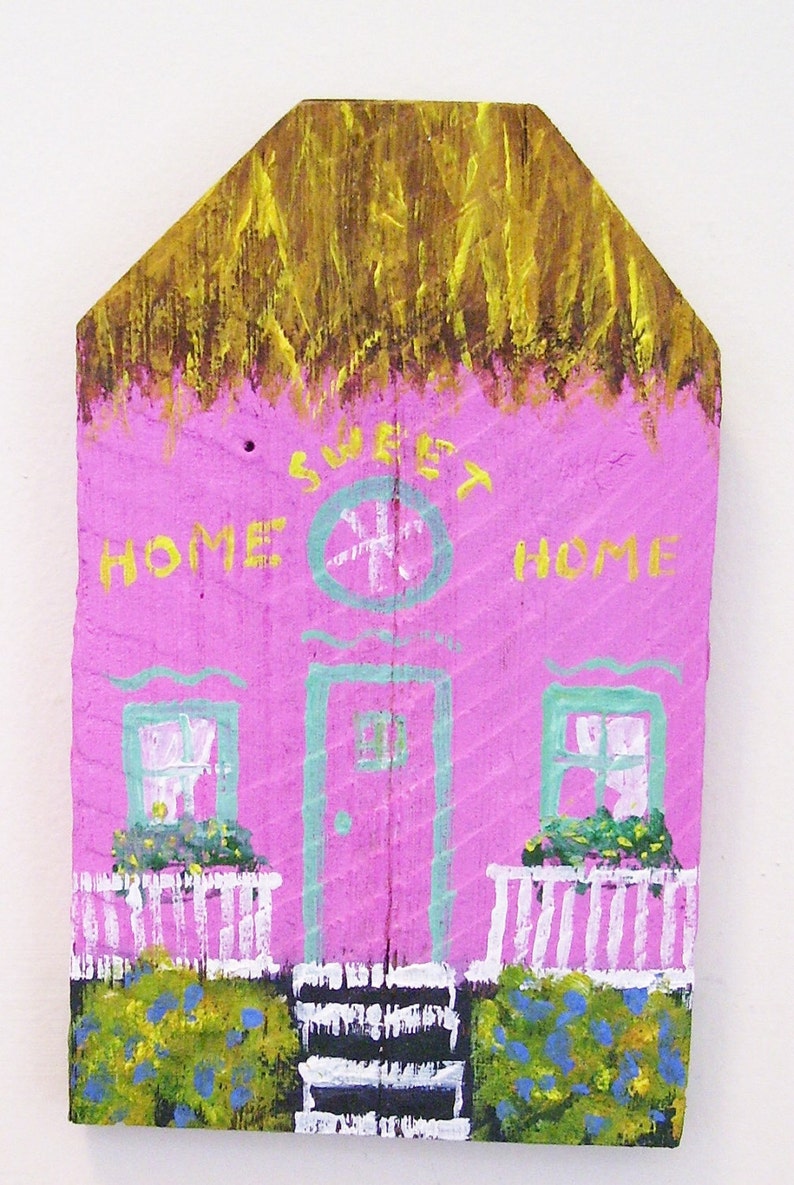 Pink Island House Hand Painted on a Reclaimed Fence Board Wood Plaque image 3