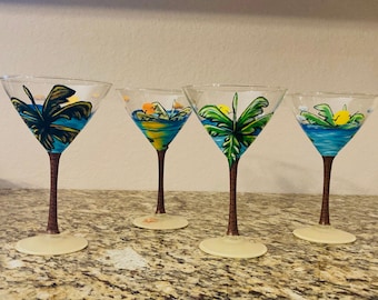 Coconut Palm Beach or Sunset Martini Glass Wine Cocktail Custom Order Only