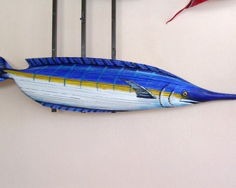 Blue Marlin Sport Fish Carved from Queen Palm Seed Pod 45 Inches Long !! Palm Frond
