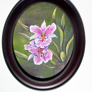 Pintura original de orquídea amor-perfeito rosa em moldura oval 8 x 10 tela floral natureza morta