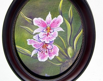 Pink Pansy Orchid Original Painting in Oval Frame 8 x 10 Canvas Floral Still Life