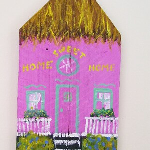 Pink Island House Hand Painted on a Reclaimed Fence Board Wood Plaque image 5