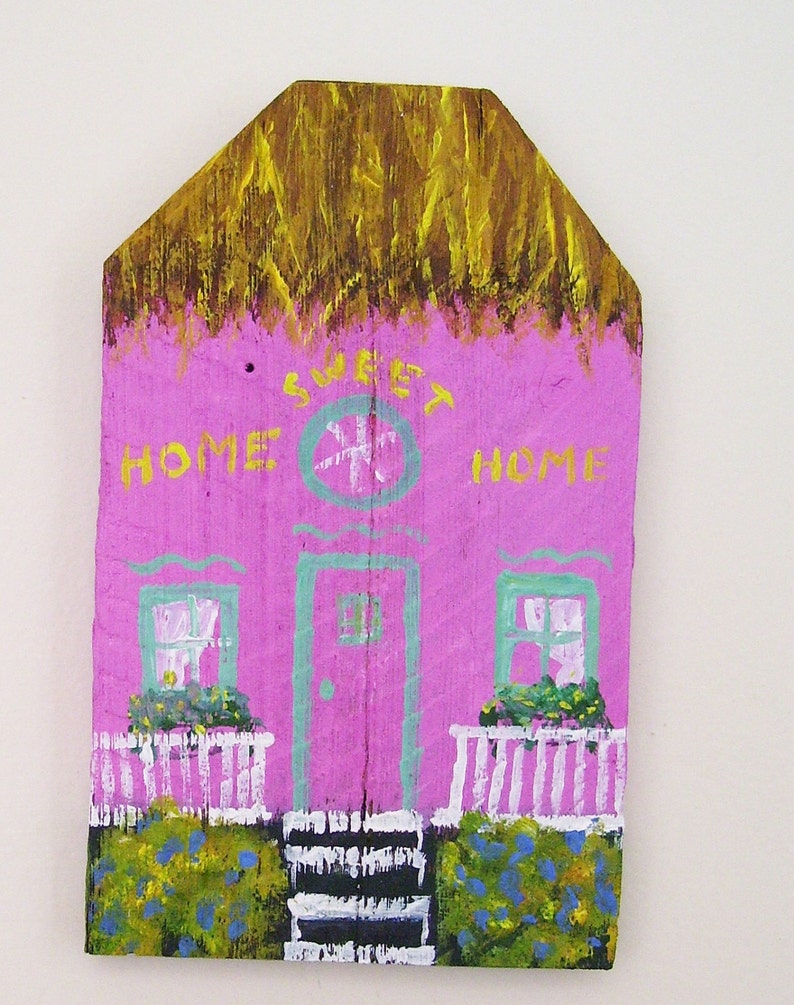 Pink Island House Hand Painted on a Reclaimed Fence Board Wood Plaque image 5