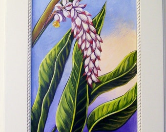 Tropical White Shell Ginger Bloom Hand Painted on Reclaimed Cabinet Door Floral Plant Still Life Painting