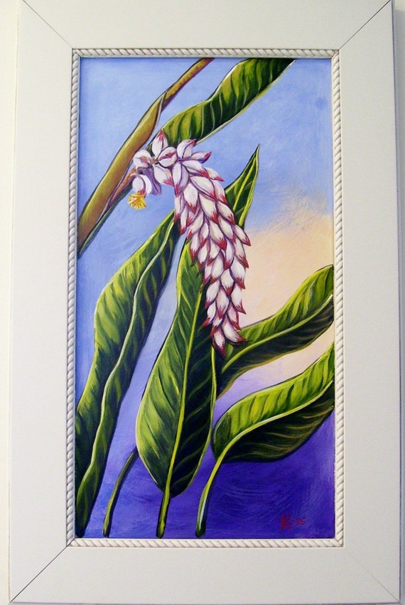 Tropical White Shell Ginger Bloom Hand Painted on Reclaimed Cabinet Door Floral Plant Still Life Painting