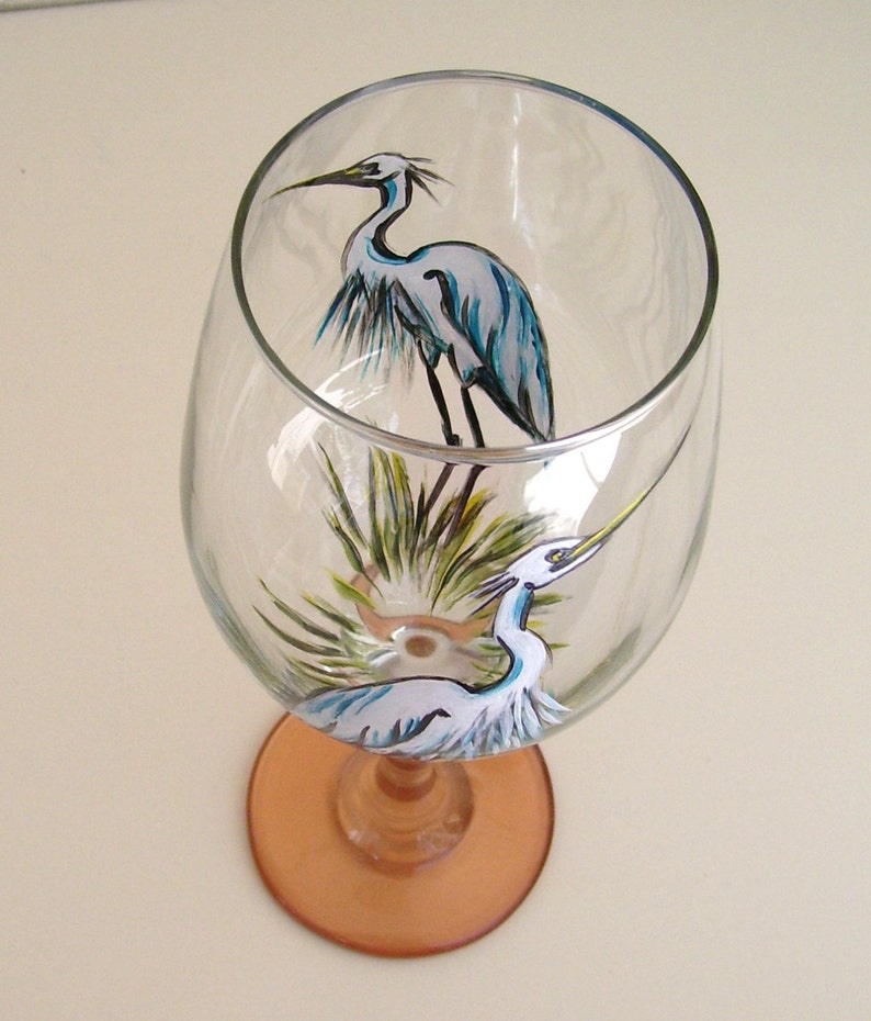 White Heron Egret Wine Glass Hand Painted Wine Goblet Custom Etsy