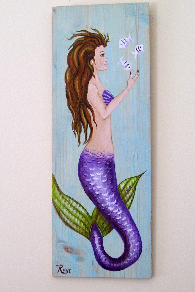 Mermaid and Fish Hand Painted on Reclaimed Wood Driftwood Plaque image 4