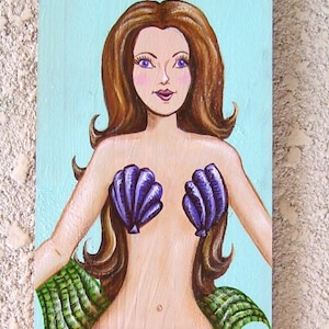 Mermaid Hand Painted on Reclaimed Wood Driftwood Plaque Ash Brown image 1