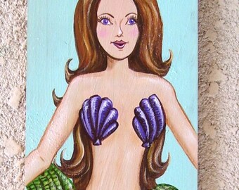 Mermaid Hand Painted on Reclaimed Wood Driftwood Plaque Ash Brown