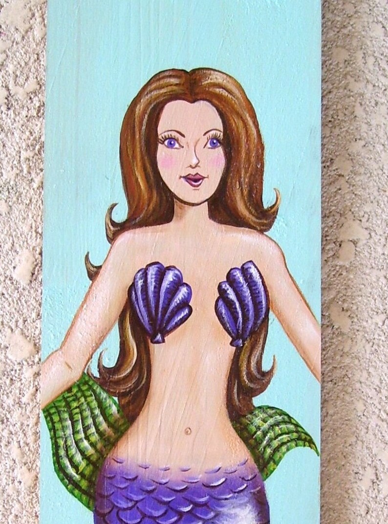 Mermaid Hand Painted on Reclaimed Wood Driftwood Plaque Ash Brown image 1