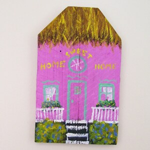 Pink Island House Hand Painted on a Reclaimed Fence Board Wood Plaque image 2