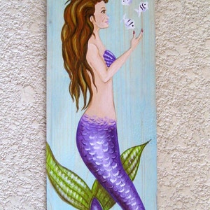 Mermaid and Fish Hand Painted on Reclaimed Wood Driftwood Plaque image 5