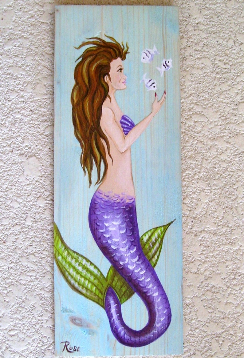 Mermaid and Fish Hand Painted on Reclaimed Wood Driftwood Plaque image 5