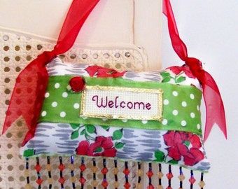 Welcome Boutique Pillow Vintage Look with Roses Handmade from Fabric Scraps