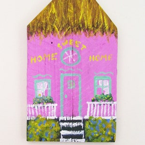 Pink Island House Hand Painted on a Reclaimed Fence Board Wood Plaque image 1