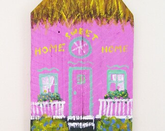 Pink Island House Hand Painted on a Reclaimed Fence Board Wood Plaque