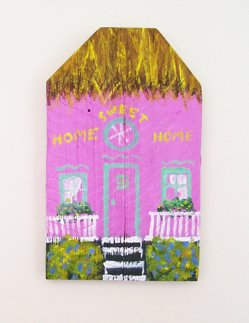 Pink Island House Hand Painted on a Reclaimed Fence Board Wood Plaque image 1