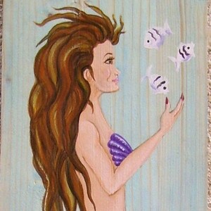 Mermaid and Fish Hand Painted on Reclaimed Wood Driftwood Plaque image 2