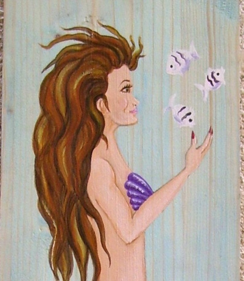 Mermaid and Fish Hand Painted on Reclaimed Wood Driftwood Plaque image 2