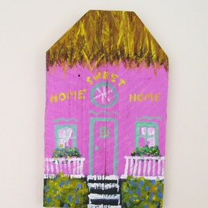 Pink Island House Hand Painted on a Reclaimed Fence Board Wood Plaque image 4