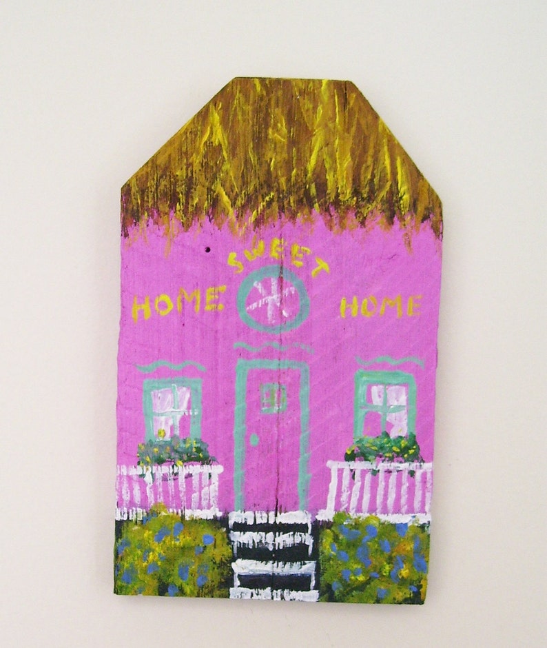 Pink Island House Hand Painted on a Reclaimed Fence Board Wood Plaque image 4