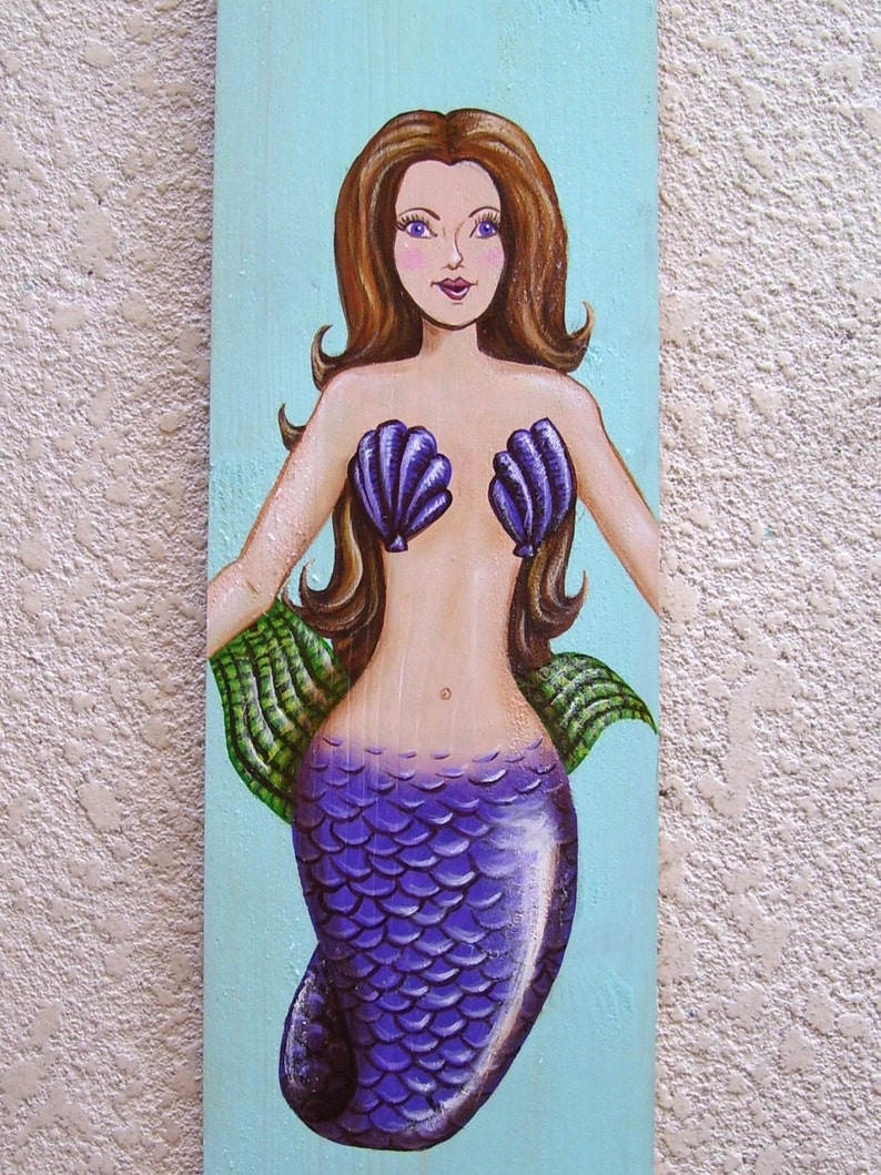 Mermaid Hand Painted on Reclaimed Wood Driftwood Plaque Ash Brown image 3