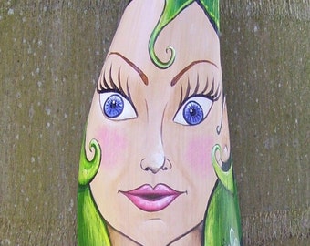 Pixie Fairy Tiki Mask (Spring Has Arrived) on Royal Palm Seed Pod Hand Painted 33 inches Long Frond