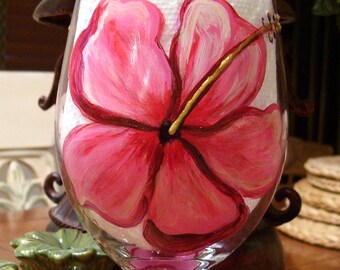 Pink Hibiscus Wine Glass Hand Painted Tropical Flower Globe