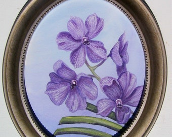 Purple Vanda Orchid on Oval Canvas with Frame Hand Painted Floral Still Life