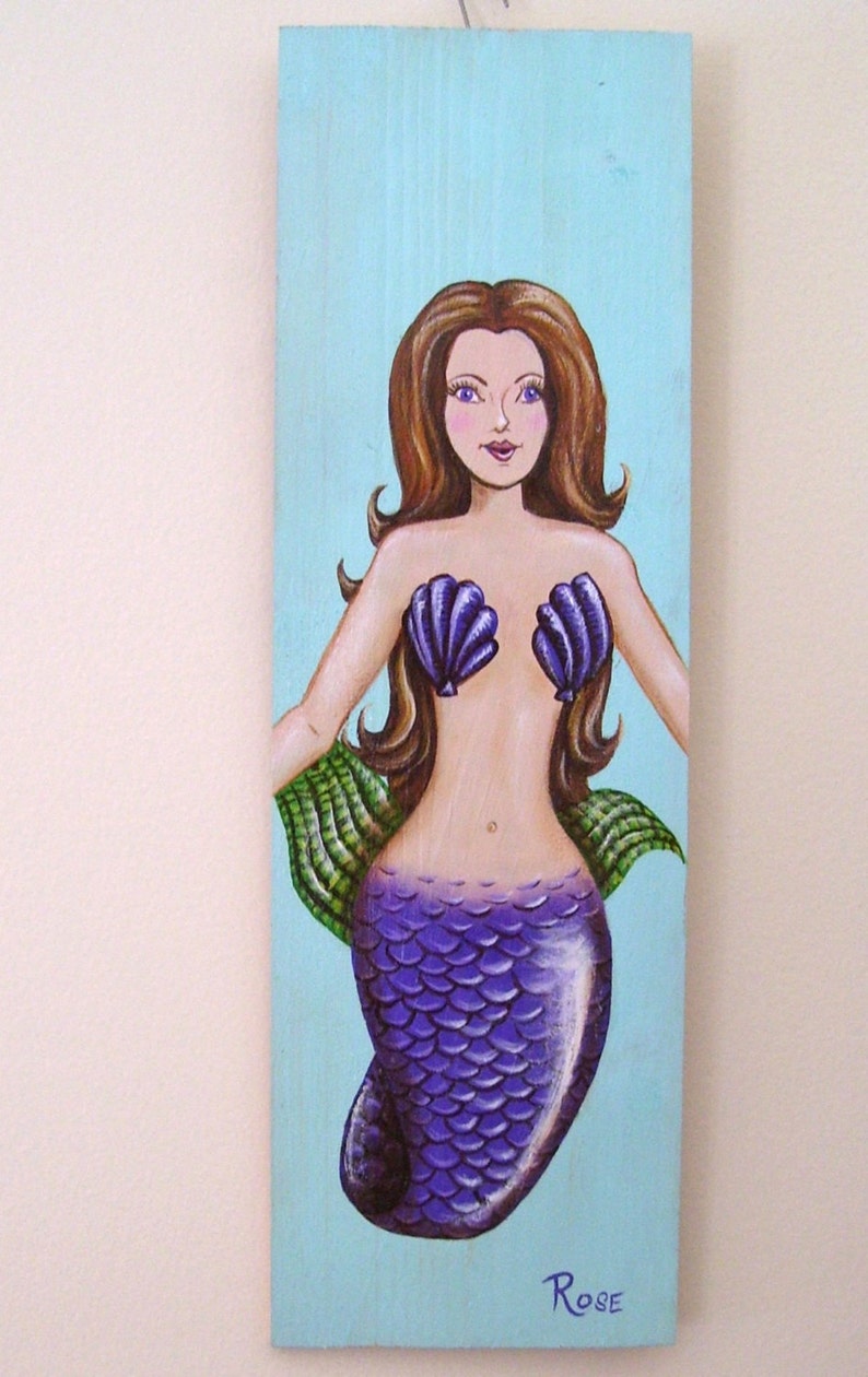 Mermaid Hand Painted on Reclaimed Wood Driftwood Plaque Ash Brown image 4