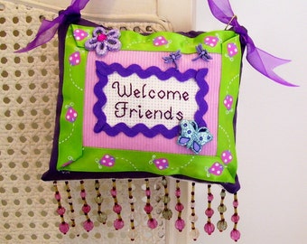 Welcome Friends Springtime Boutique Pillow made from Fabric Scraps