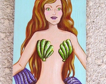 Mermaid Hand Painted on Reclaimed Wood Driftwood Plaque Redhead