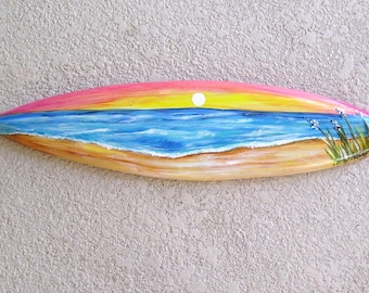 Sunset Beach Scene Surfboard Plaque Hand Painted on Reclaimed Wood