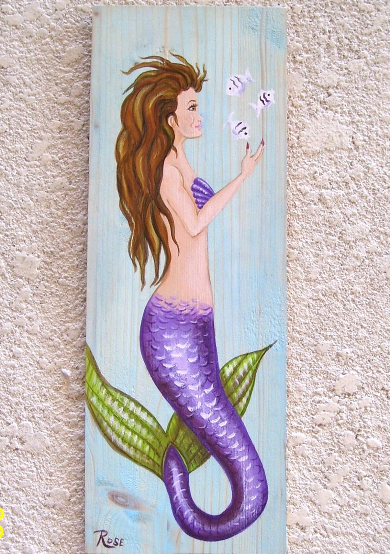 Mermaid and Fish Hand Painted on Reclaimed Wood Driftwood Plaque image 1