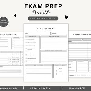 Op de afbeelding: Een examenvoorbereidingsbundel met drie printbare pagina's getiteld Exam Overview, Exam Review en Exam Study Plan. De zwart-witte documenten bevatten secties voor checklists, studieonderwerpen, zelfvertrouwen-niveaus en notities voor examenvoorbereiding.