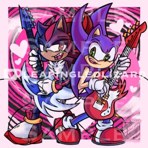 May include: Two cartoon characters, one with purple and blue fur and the other with black and red fur, are playing electric guitars. They are both wearing red shoes and are standing on a pink and black background with hearts.