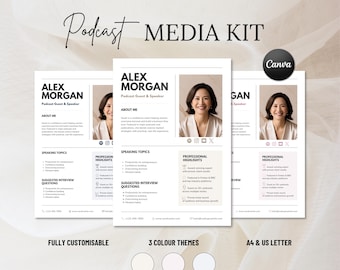 Puede incluir: Un modelo de kit de medios para podcast con el nombre "Alex Morgan" y el título "Podcast Guest & Speaker". El diseño incluye secciones para "Acerca de mí", "Temas de conversación" y "Aspectos destacados profesionales". El kit es totalmente personalizable y ofrece 3 temas de color, disponibles en tamaños A4 y US Letter.