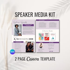 May include: A two-page speaker media kit template in purple and white with a photo of a woman in a black blazer. The template includes the speaker's name, bio, published books, client testimonials, and contact information. The template is designed for use with Canva.