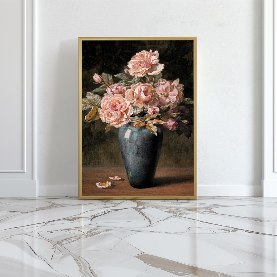 Pink Roses | Still Life Vintage Flower Vase Painting | Floral Rose ...